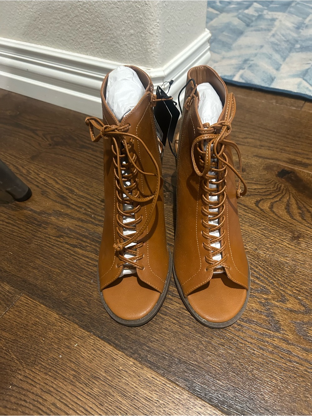 Women's Tan Lace-Up Peep-Toe Ankle Boots heels